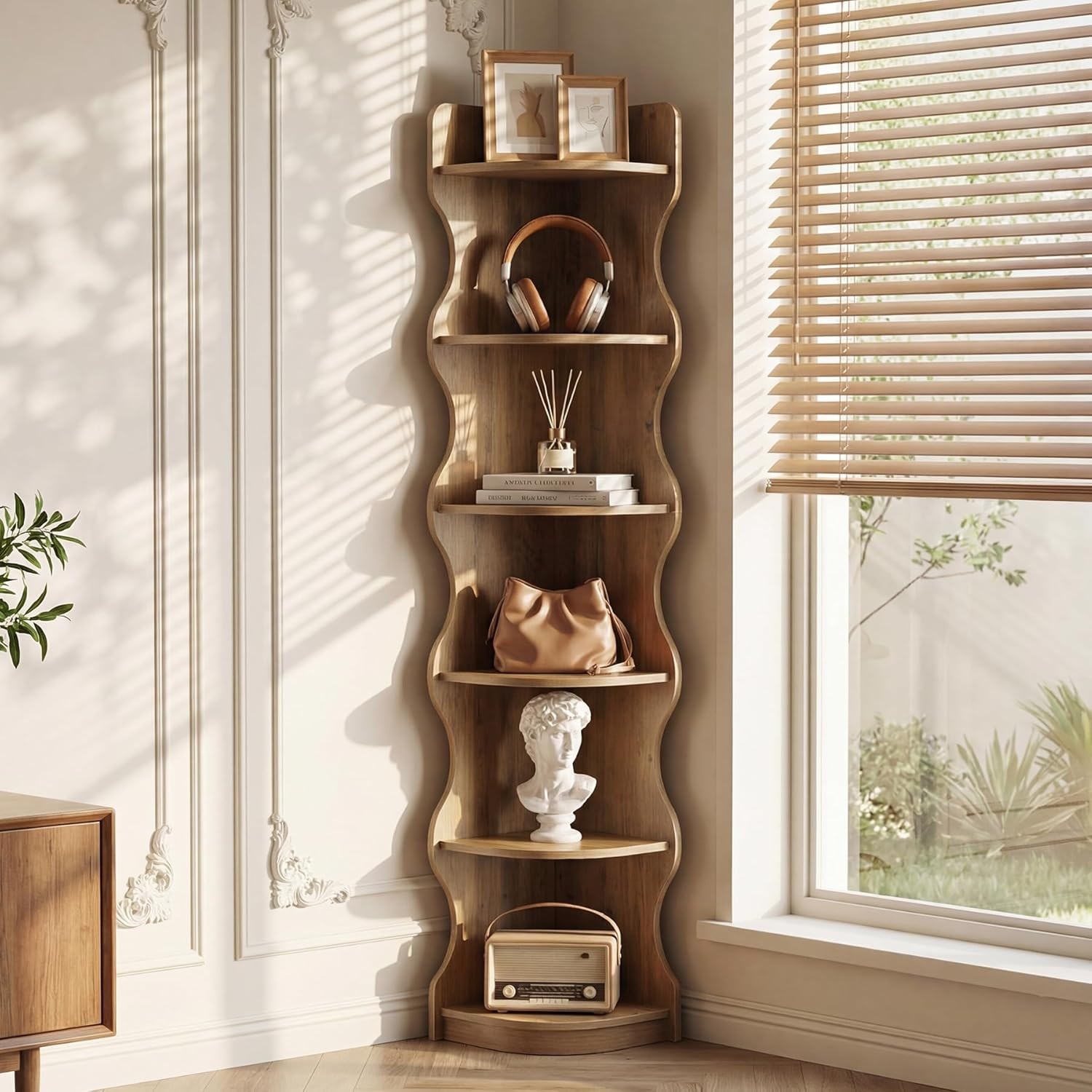 71" Rustic Wood Corner Shelf, 6-Tier Tall Freestanding Narrow Corner Bookshelf gallery