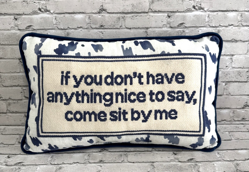 Needlepoint Decorative Throw Pillow Rectangular Blue Ivory COME SET BY ME gallery