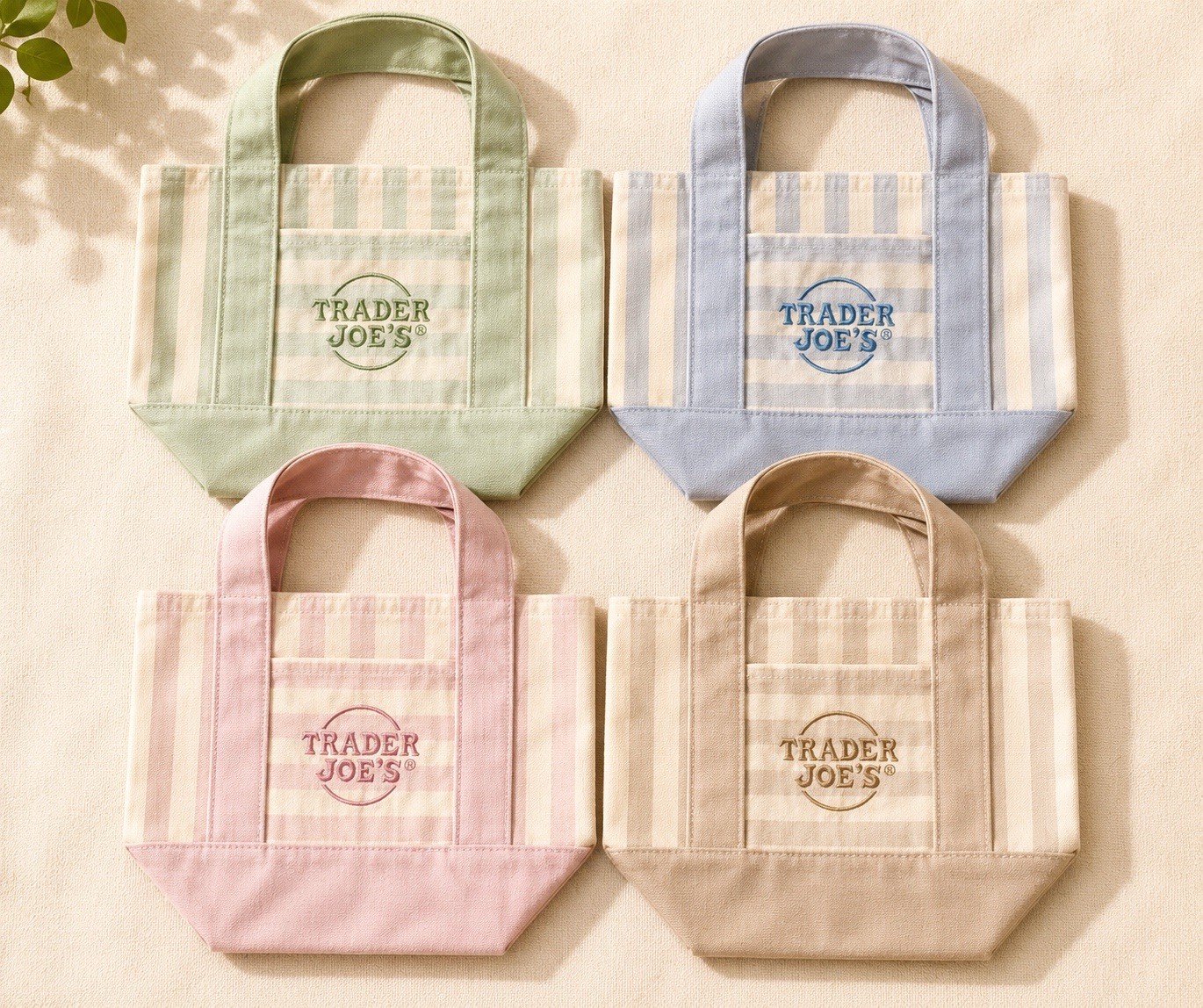 Trader Joe’s Striped Mini Canvas Tote Bag Set of 4 Pink Blue Green Beige Reuse gallery