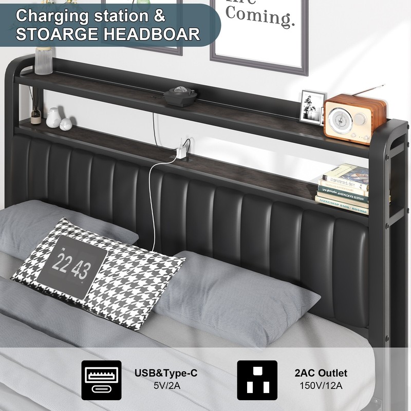 Queen Size Upholstered Bed Frame with Starry Sky Lights and Storage Drawer gallery