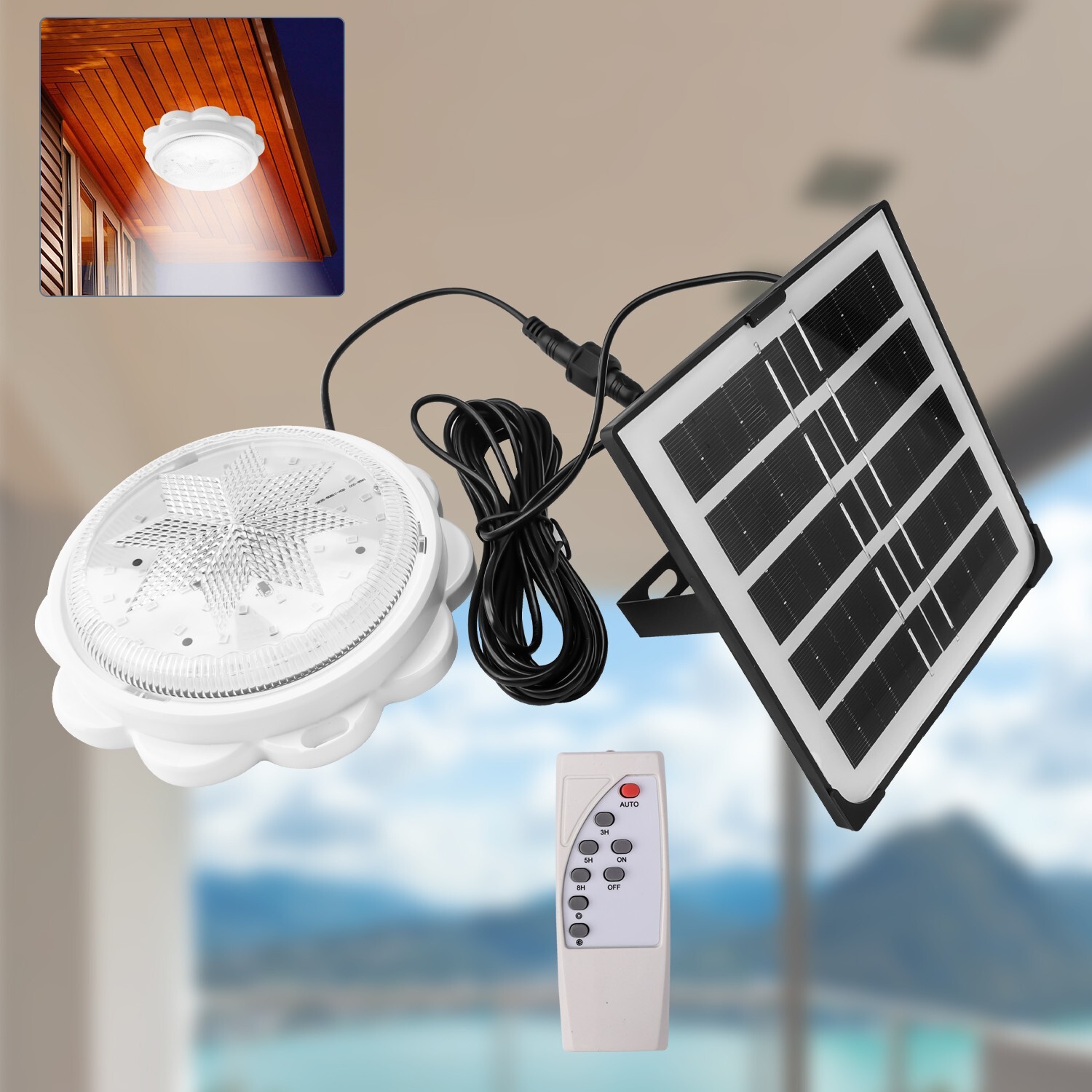 Solar LED Ceiling Light - Remote Control Pendant Lamp for Indoor & Garden Use gallery