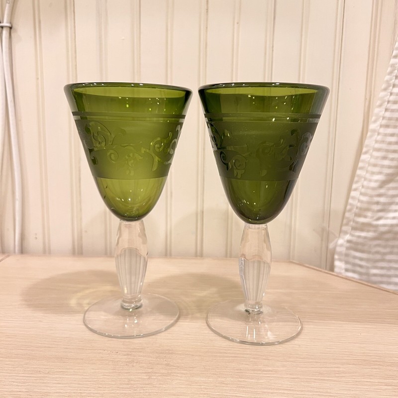 Green Glasses 2 with Etching Stemmed Goblets Water Wine Drinking 8” 9 Ounces gallery