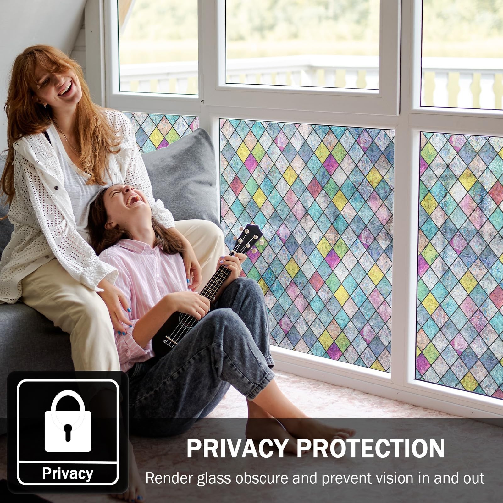 Stained Glass Window Film, Window Privacy Films, Colorful Lattice Window Tint... gallery