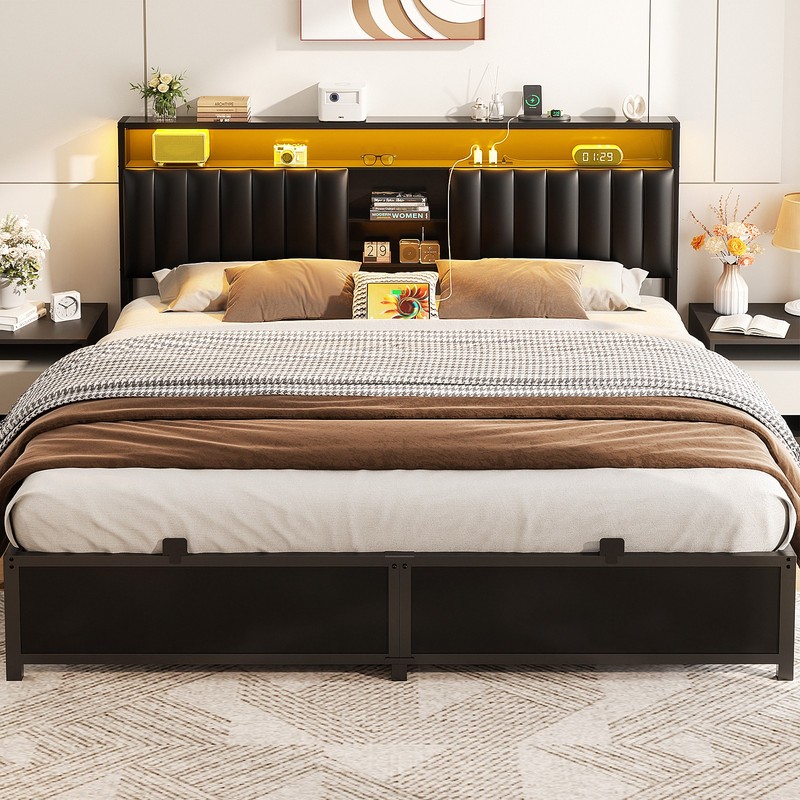 King/Queen/Full Size Bed Frame with Upholstered Storage Headboard ＆ LED ＆ Outlet gallery