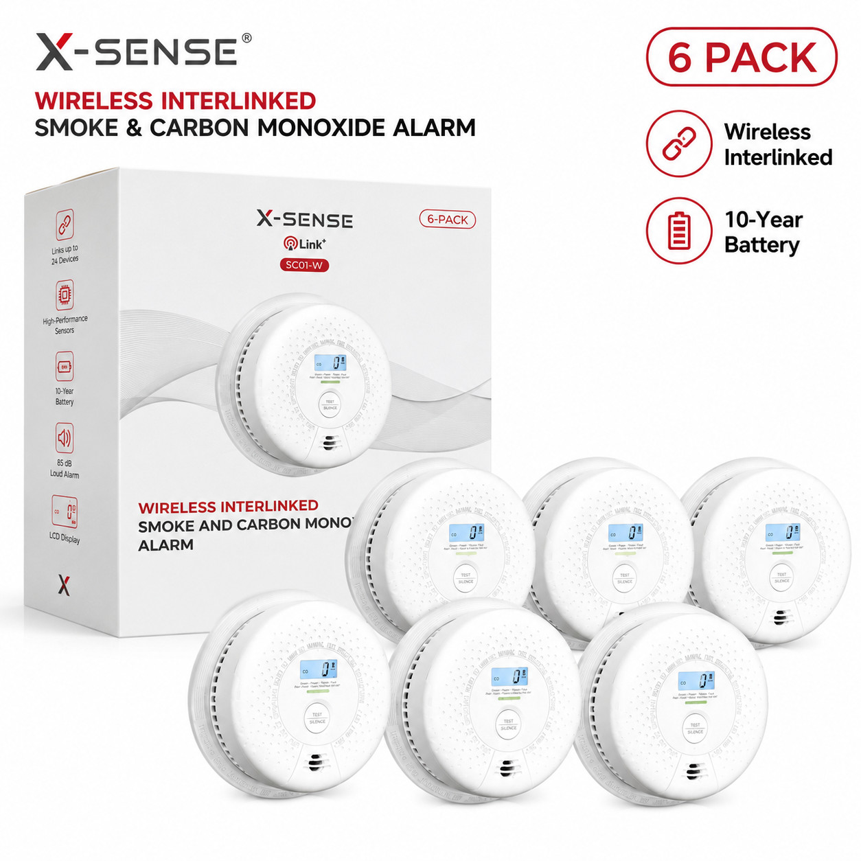 X-Sense SC01-W Wireless Interlinked Combo Smoke & Carbon Monoxide Alarm - 6-Pack gallery