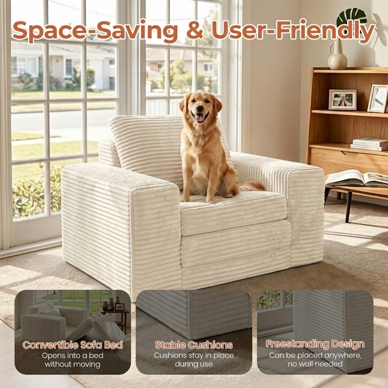 Single Folding Sofa Bed, 75.6" Sleeper, Beige Corduroy gallery