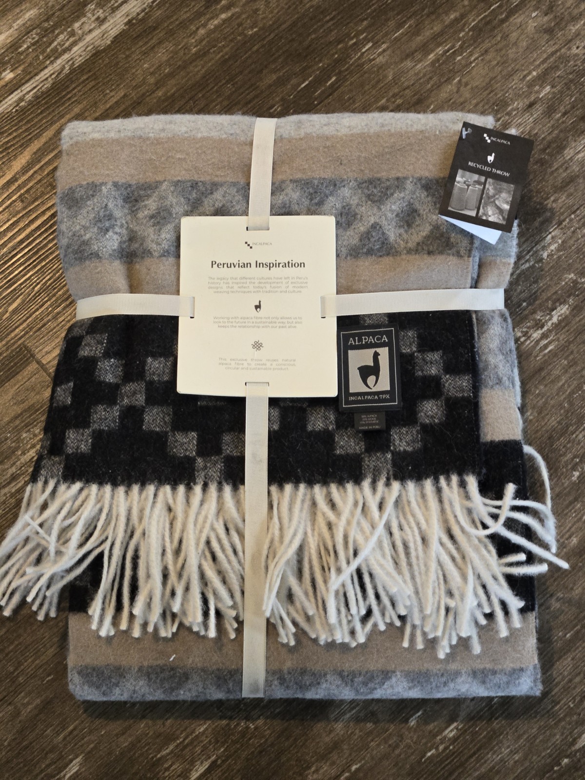 NWT Incalpaca Peruvian Aztec Alpaca Blend Wool Throw 60 x 70” Tan Gray Tones gallery