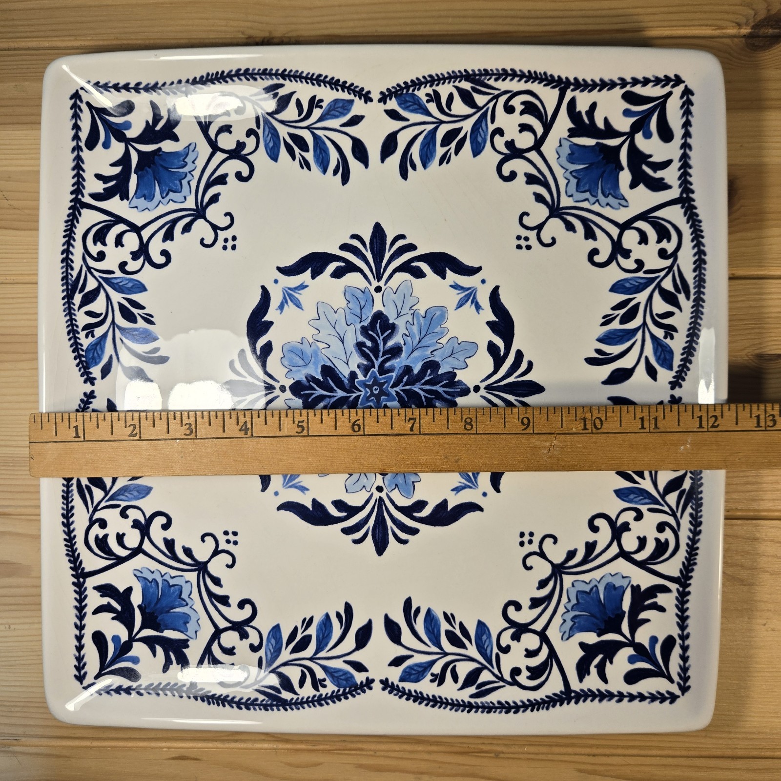Cracker Barrel Blue & White Floral Ceramic Serving Platter Majolica Tile Style gallery