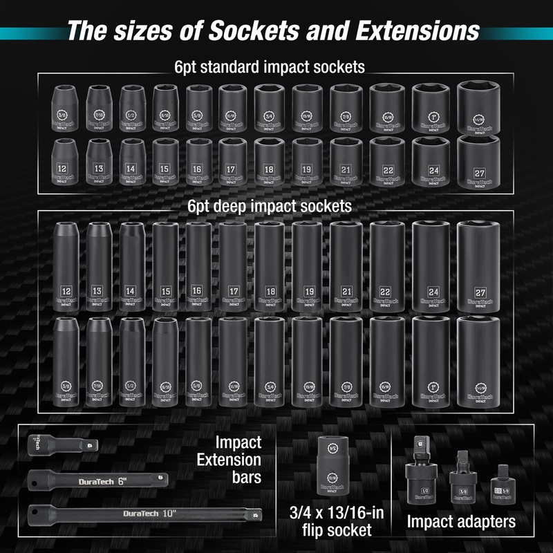 DURATECH 55-Pieces 1/2" Impact Socket Set Deep Impact Sockets SAE Metric 6 Point gallery