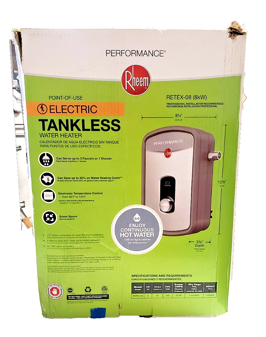 Rheem Performance RETEX-08 Electric Tankless Water Heater 8 kW 1.55 GPM (DAM BOX gallery