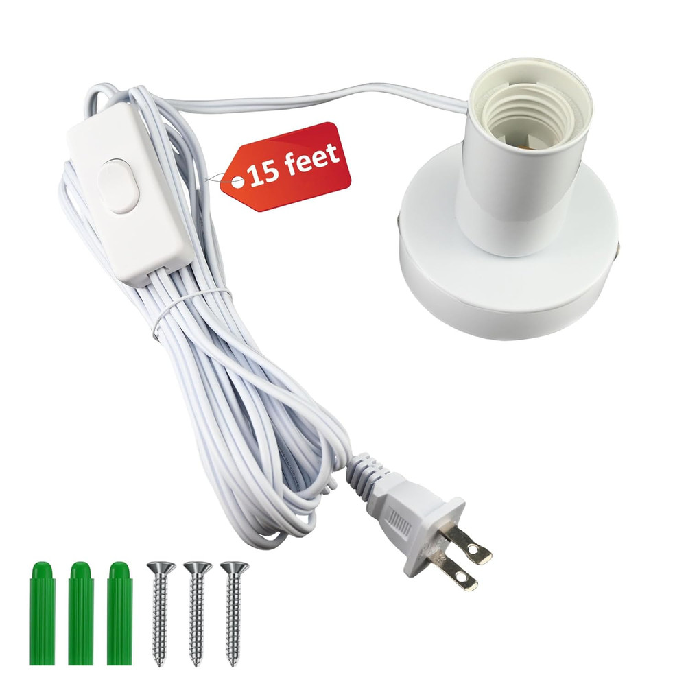 White Metal E26/E27 Screw Light Socket with 15FT Extension Cord, Hanging Light C