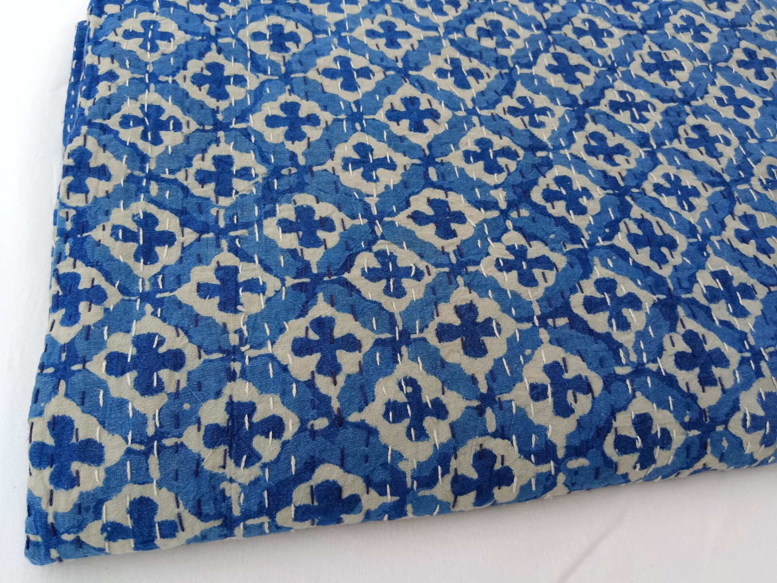 Handblock Printed Handmade Quilt Kantha Indian Blue Printed Set Bedspread Throw gallery