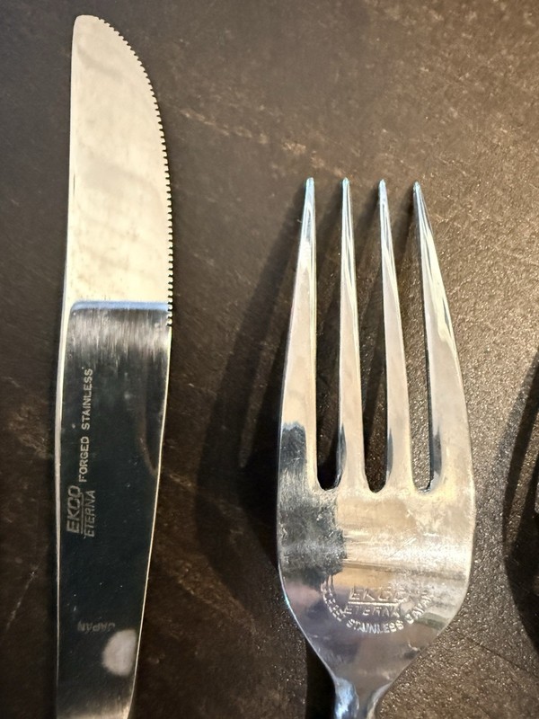 EKCO Eterna Canoe 5 Pc Place Setting Forks Knives Spoons Stainless Steel Wood gallery