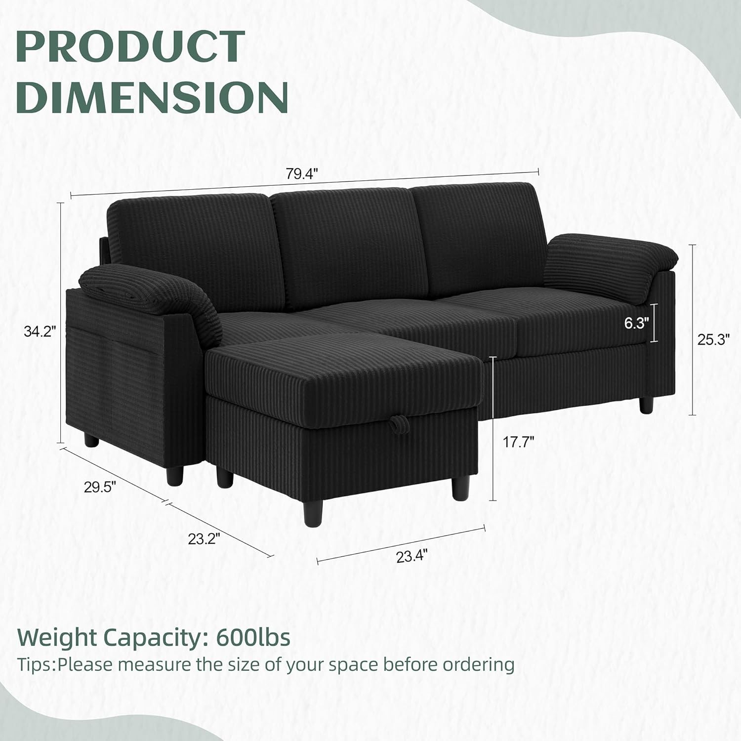 79" Convertible Sectional Couch Sofa with Storage Ottoman 3 Seat L Shaped Couch gallery