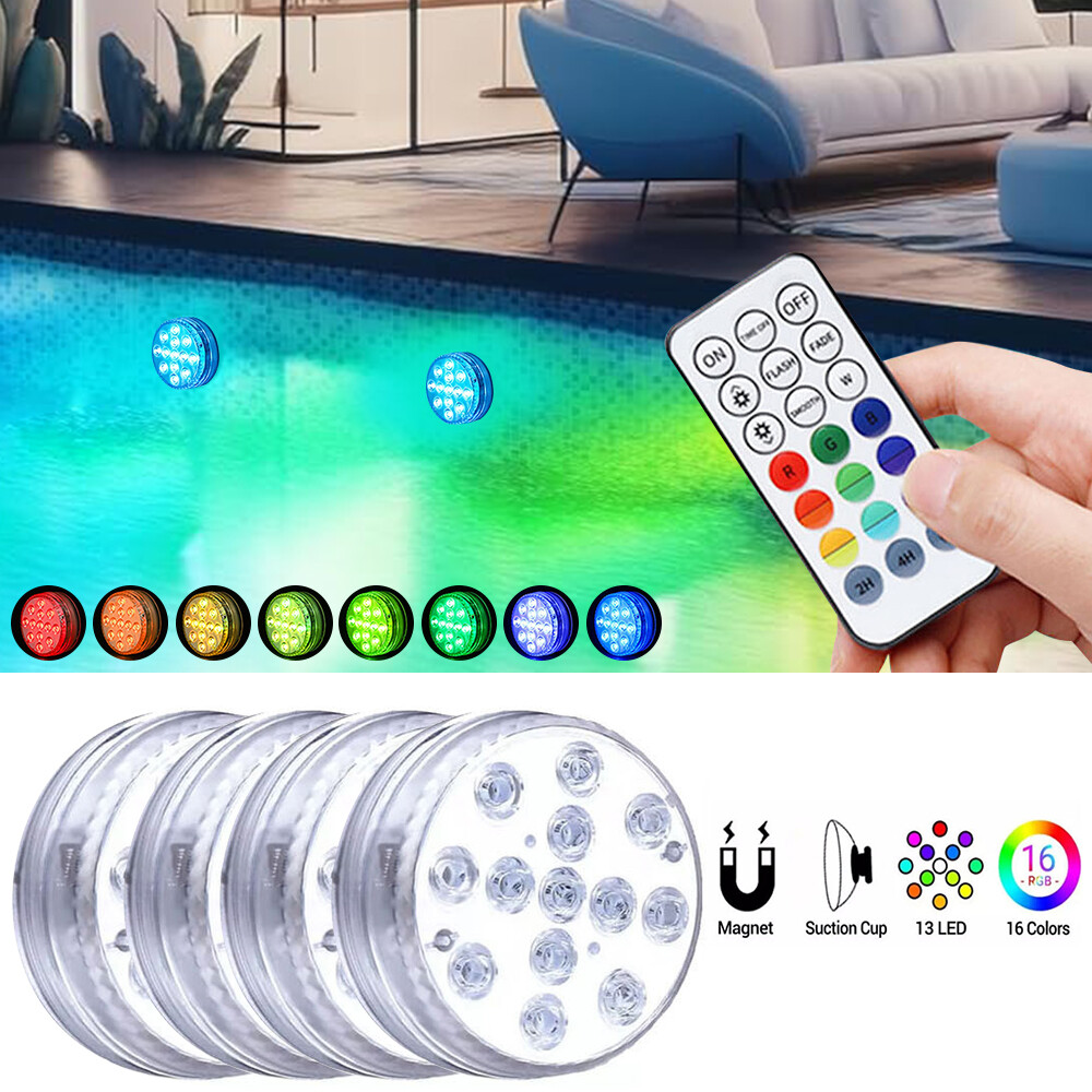 4 Pack Submersible LED Lights 13 LED Pool Lights +Remote Magnets+10 Suction Cups