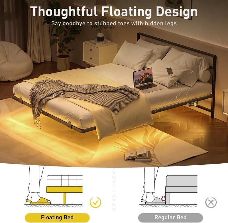 Queen Floating Bed Frame with Headboard, Modern Platform Bed Frame with LED Ligh gallery