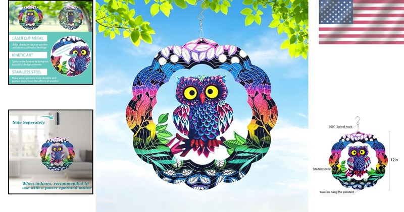Vibrant 3D Owl Wind Spinner - Durable Outdoor Garden Sculpture for All Season gallery