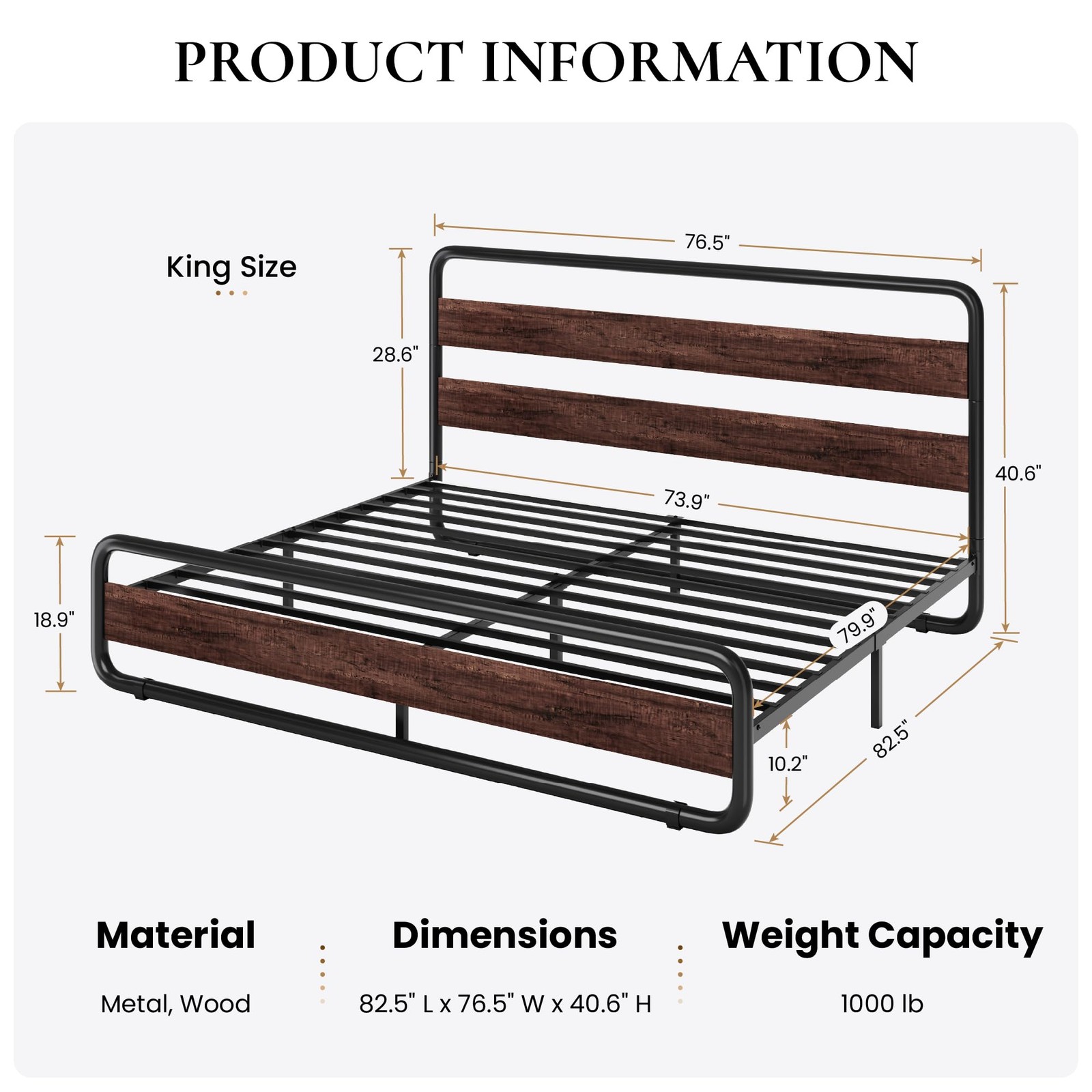 SHA CERLIN King Size Metal Bed Frame with Wooden Headboard and Footboard, He... gallery