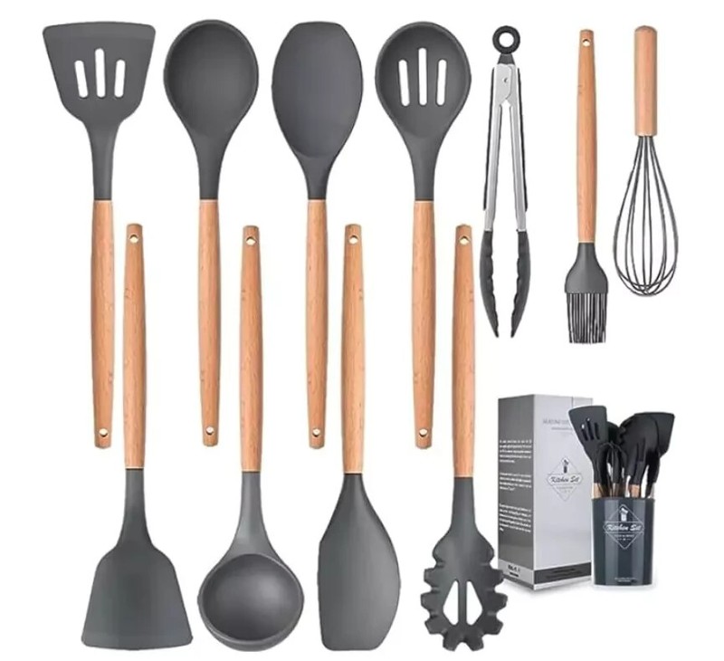 12-Pcs Kitchen Silicone Utensils Set with Heat Resist Wooden Handle Black gallery