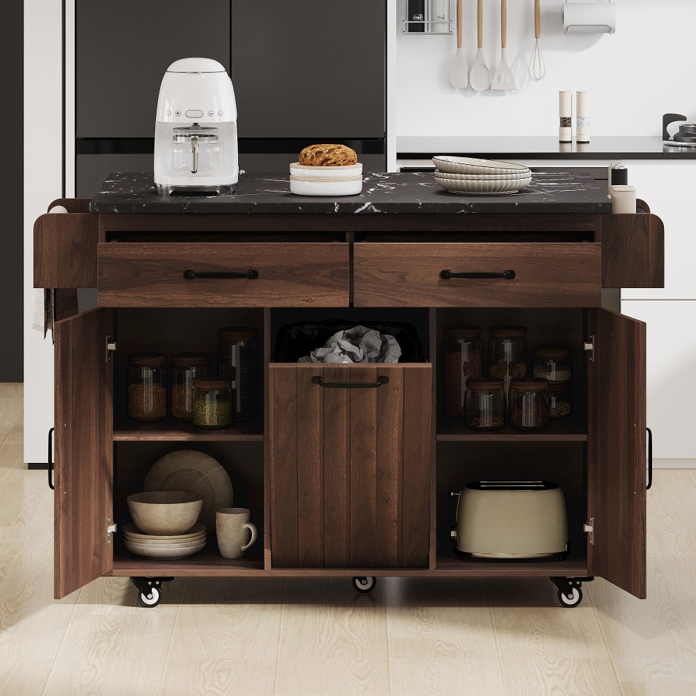 Kitchen Island w/ Trash Can Storage Cabinet,Kitchen Cart w? Drop Leaf,Spice Rack gallery