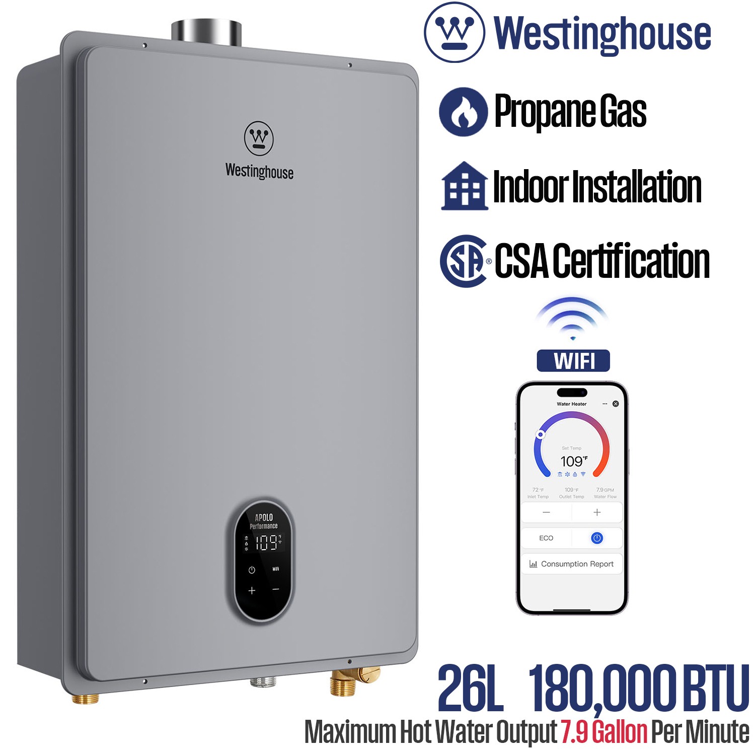 26L Indoor Propane Tankless Water Heater 7.9 GPM 180,000 BTU WIFI Instant Hot gallery