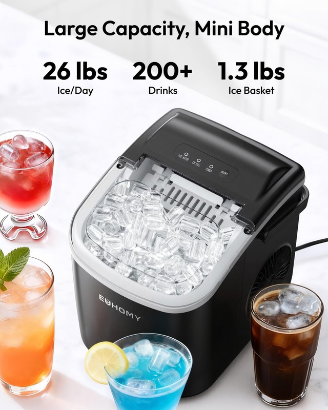 EUHOMY Countertop Ice Maker Machine with Handle 26lbs in 24Hrs 9 Ice Cubes Ready gallery
