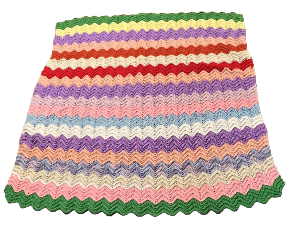 VTG Zig Zag Chevron Afghan Throw Blanket rainbow Crochet 40 X 46 Cottage Core