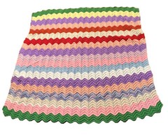 VTG Zig Zag Chevron Afghan Throw Blanket rainbow Crochet 40 X 46 Cottage Core