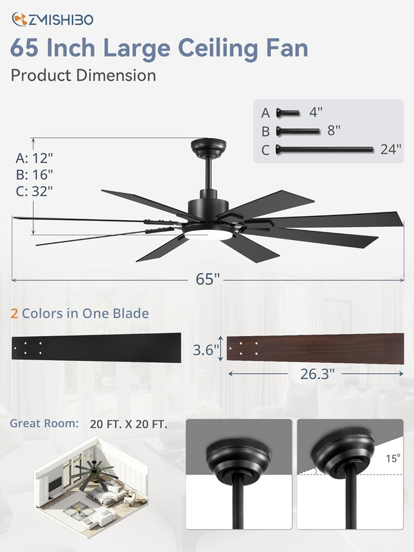 65" Black Ceiling Fan with Lights & Remote, 6 Speed, Quiet Reversible Motor gallery