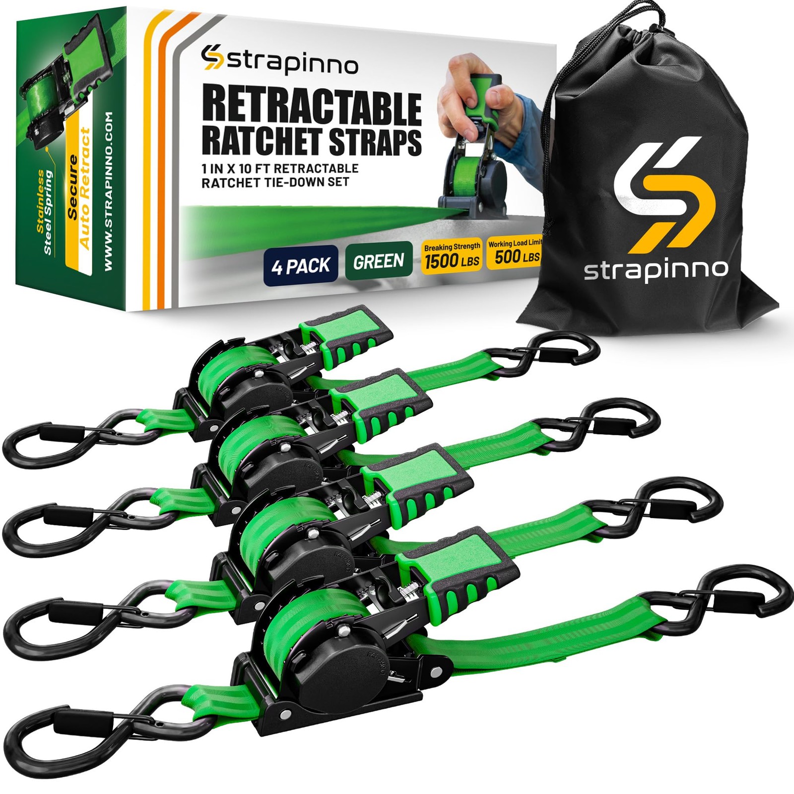 Retractable Ratchet Straps (4-Pack), 1 in x 10 ft, 1,500LBS Break Strength, M... gallery