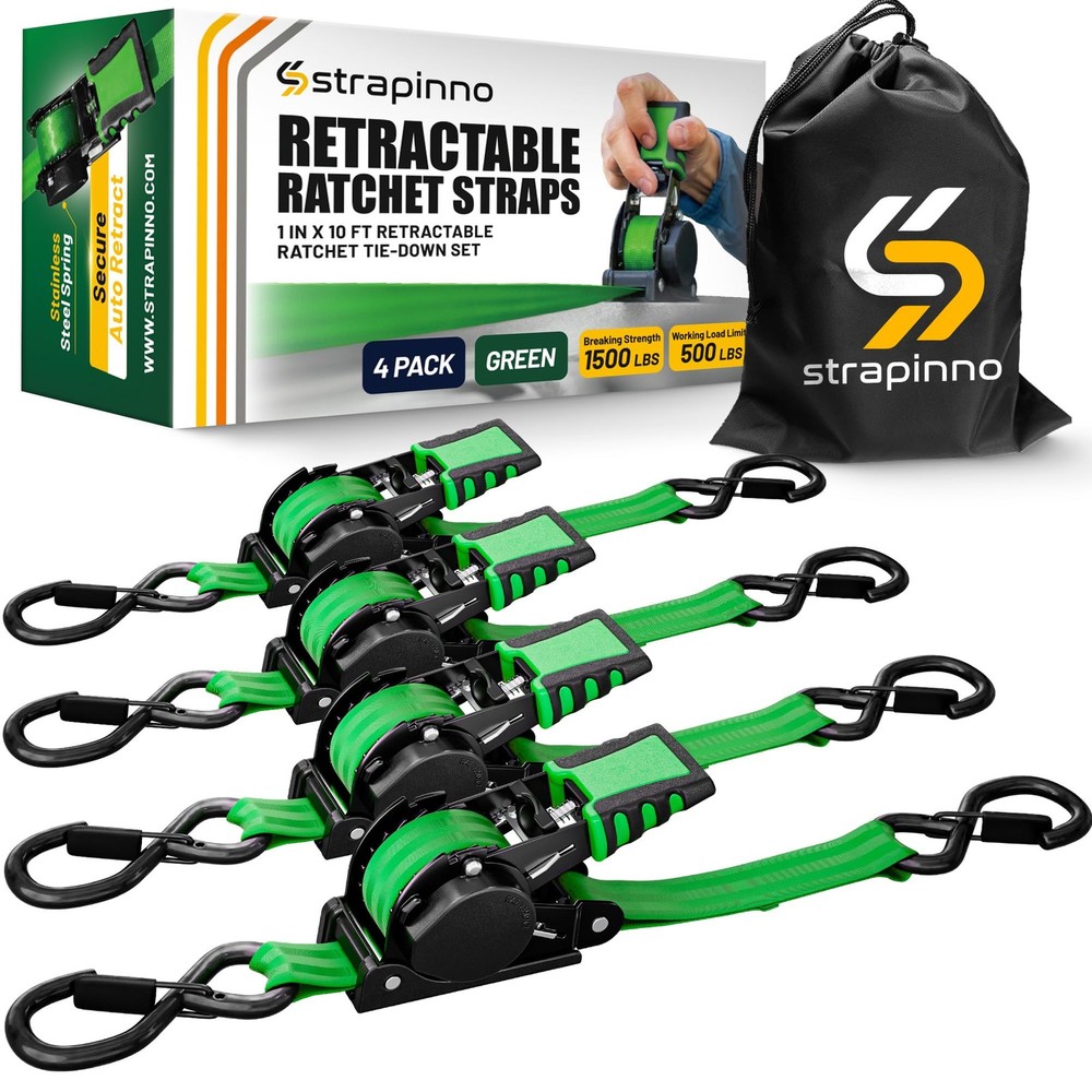 Retractable Ratchet Straps (4-Pack), 1 in x 10 ft, 1,500LBS Break Strength, M...