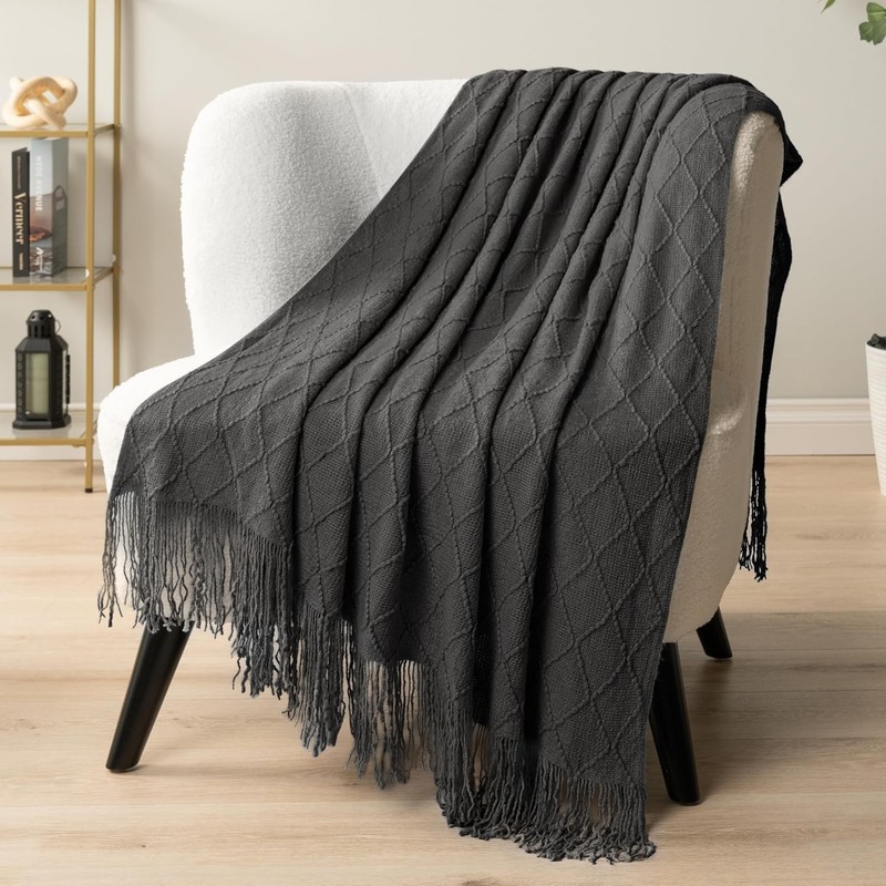Dark Gray Knit Throw Blanket for Couch Bed, Soft Knitted Sofa Throw All Season gallery