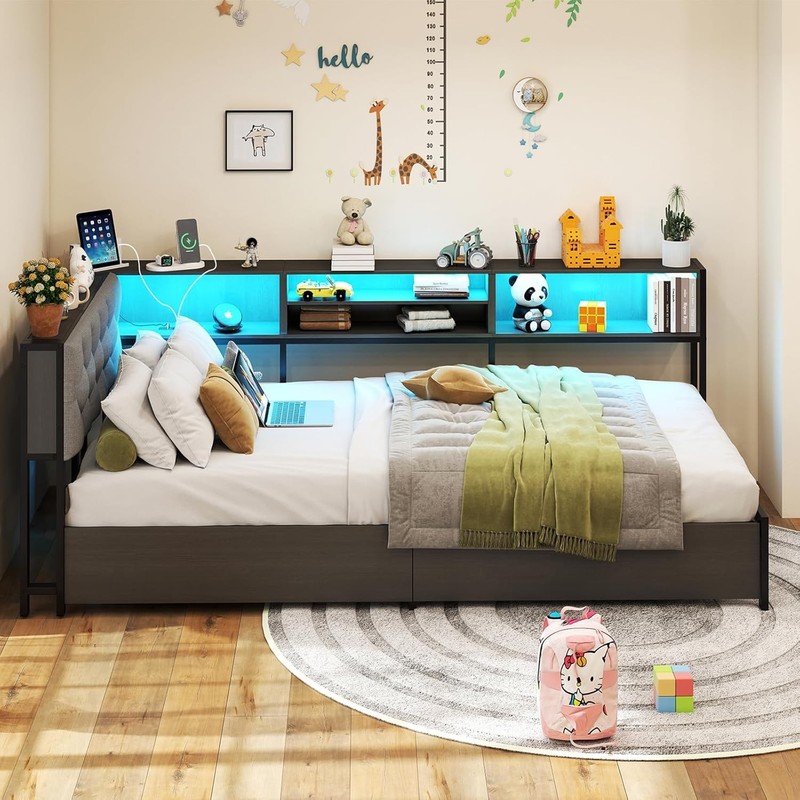 Twin XL Corner Bed Frame with 2 Storage Drawers and Bookself & Charging Station gallery