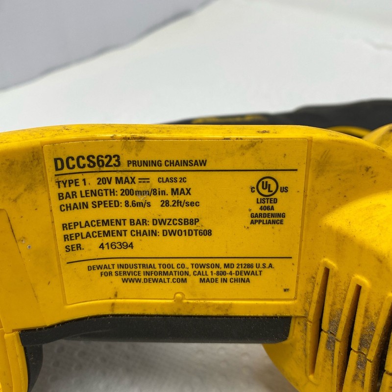 DEWALT 20V XR 8" Brushless Pruning Chainsaw DCCS623B - Yellow/Black gallery