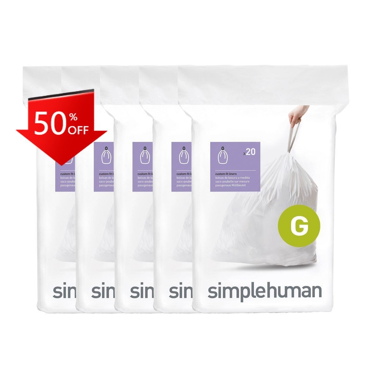 simplehuman 30L Code G Custom Fit Kitchen Trash Bag Liners 5 Quick Packs - 100ct gallery