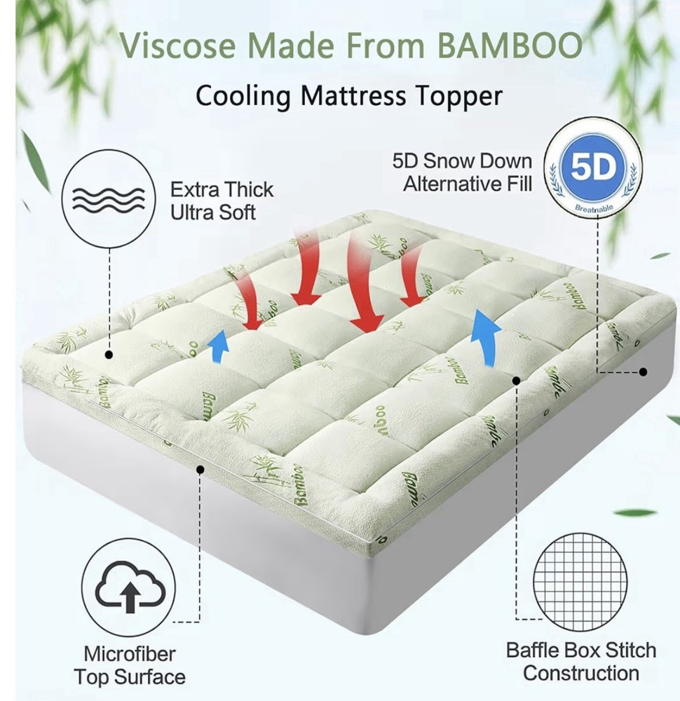 Full Size Premium Viscose Made from Bamboo Mattress Topper,1200 GSM Quilted