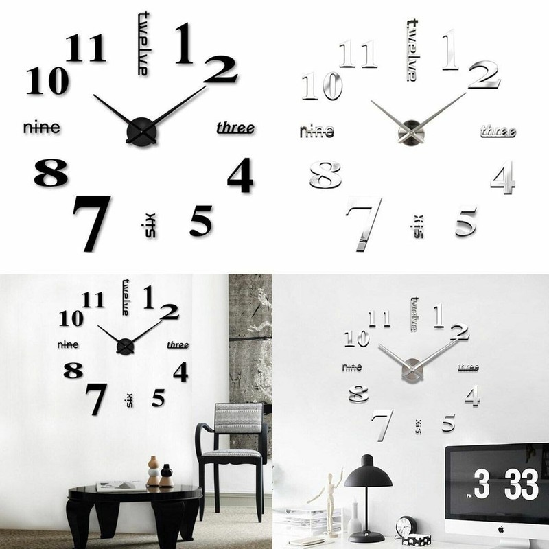 3D Mirror Surface Large Wall Clock Modern DIY Sticker Office Home Shop Art Decor gallery
