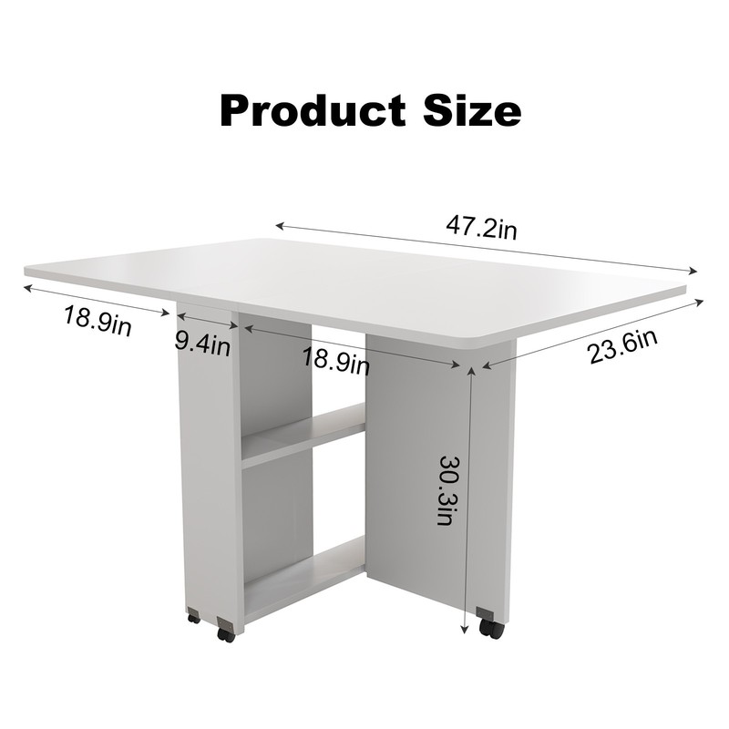 Folding Wheeled Drop Leaf Table with Storage, Space Saving Dining Table, White gallery