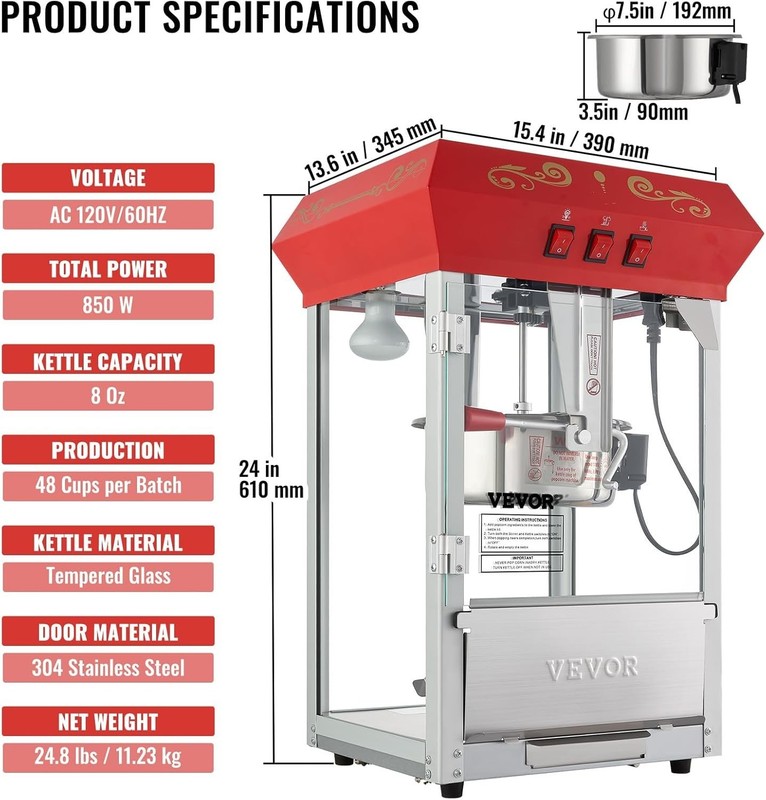 Commercial Popcorn Machine, 8 Oz Kettle, 850 W Countertop Popcorn Maker for 4... gallery