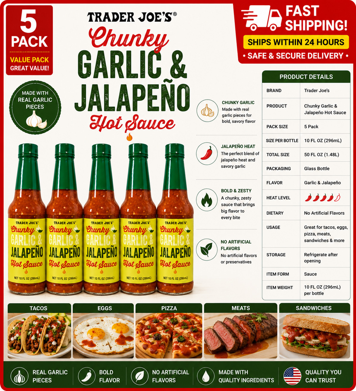 Trader Joe’s Chunky Garlic & Jalapeño Hot Sauce 10 Fl Oz - Pack of 5 gallery