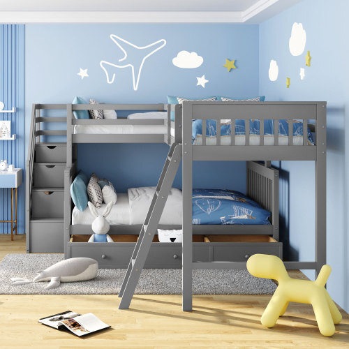 L Shaped Bunk Bed Triple Bunk Bed with 3 Drawers and Storage Stair Wood Loft Bed gallery