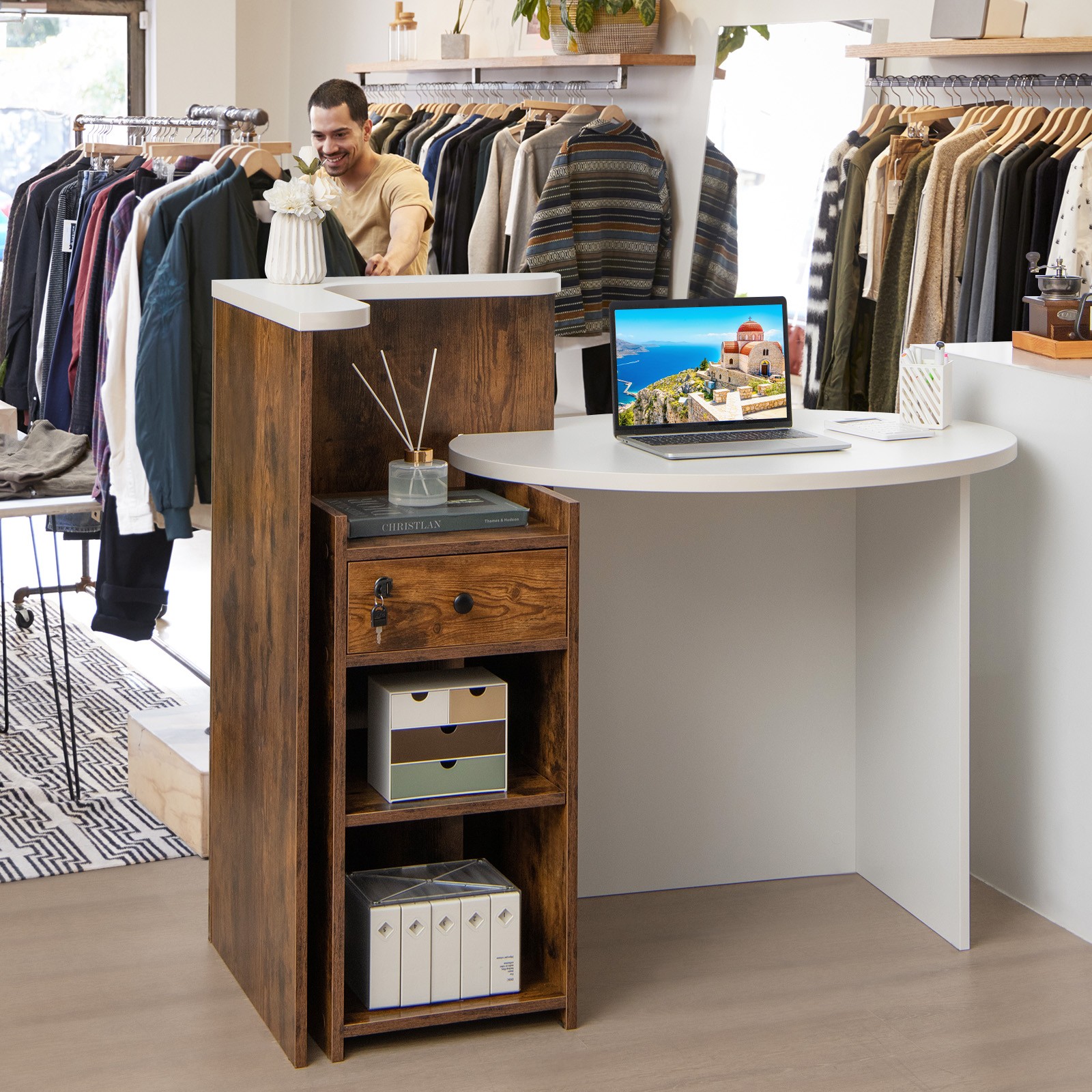 Front Reception Counter Desk w/ 3-Position Adjustable Shelf & 2-Tier Open Shelf gallery