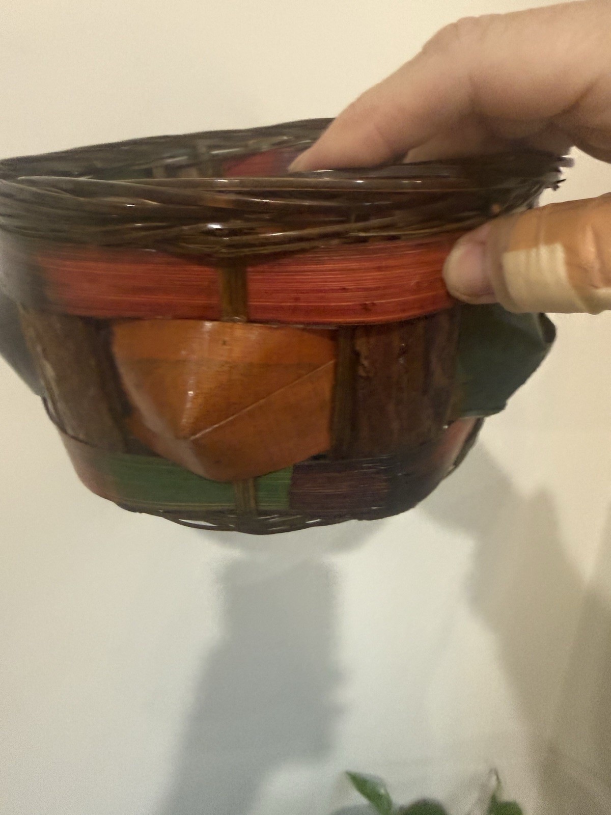 Stunning Vintage Woven Rattan Wicker Basket Green, Purple, Red, Brown gallery