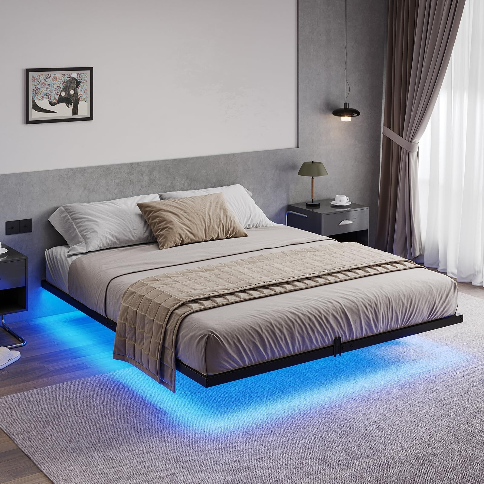Floating Bed Frame Queen Size with LED Lights, Metal Platform Bed Frame, Black gallery