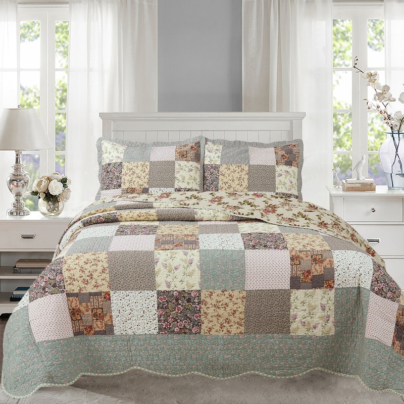 Country Floral Chic Scalloped Real Patchwork Cotton 3-Piece Quilt Bedding Set gallery