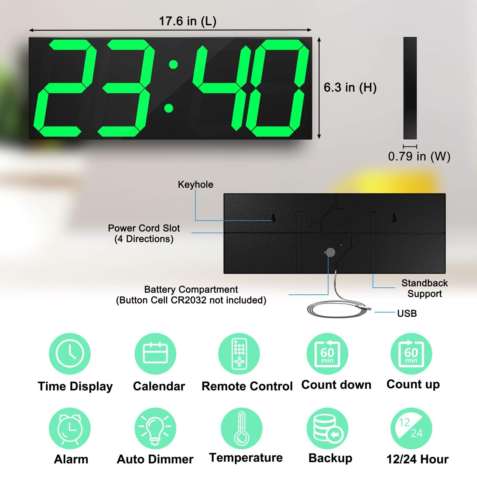 Digital LED Wall Clock, Oversize Wall Clock with 6” Numbers, Remote Control C... gallery