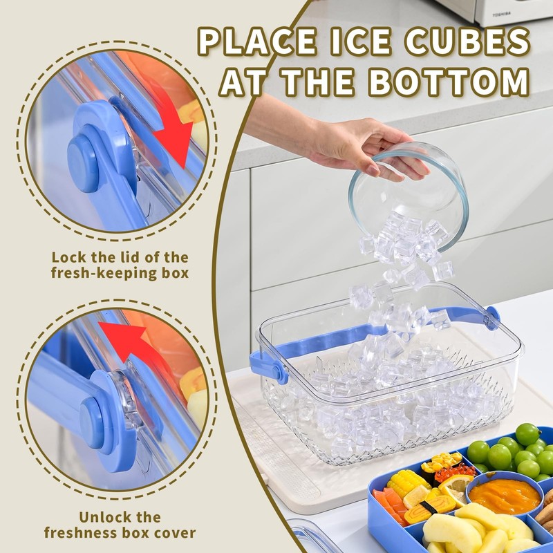 Hegrish Fruit Ice Serving Tray Clear Light Blue 4 Compartments with Lid gallery