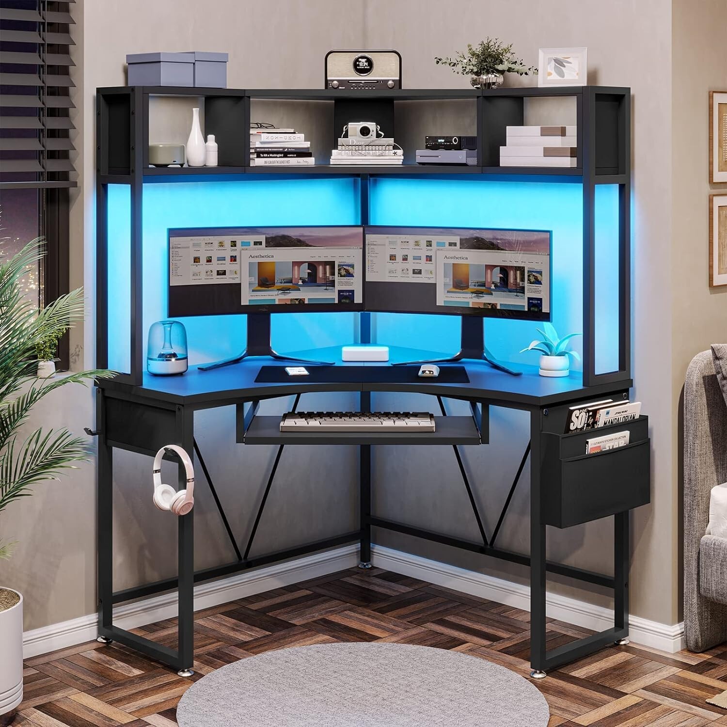 Triangle Corner Computer Desk with Keyboard Tray Home Office Desk w/ LED Lights gallery