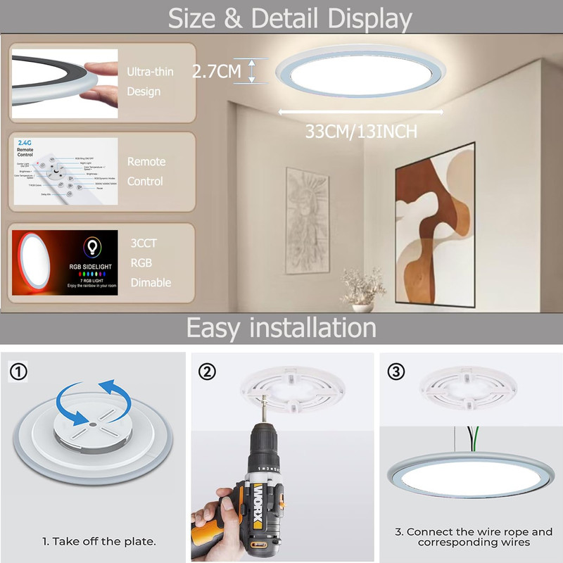 2Pack 13" RGB Dimmable LED Ceiling Light with Remote - 34W, 3400LM, Color Change gallery