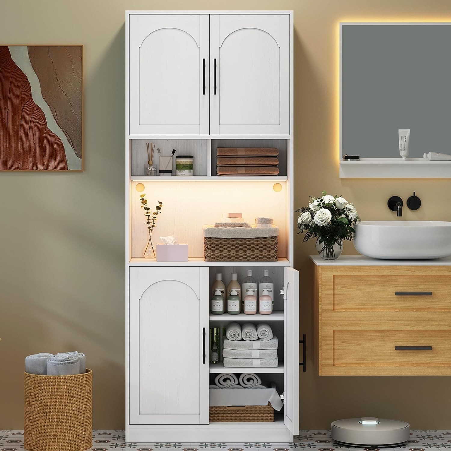 Kitchen Pantry Cabinet ,Hutch Cabinet Cupboard with LED Lights & Microwave Shelf gallery